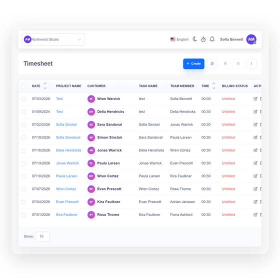 Starting a timer in Invoice Crowd by choosing a project, task and team member and marking the time billable.