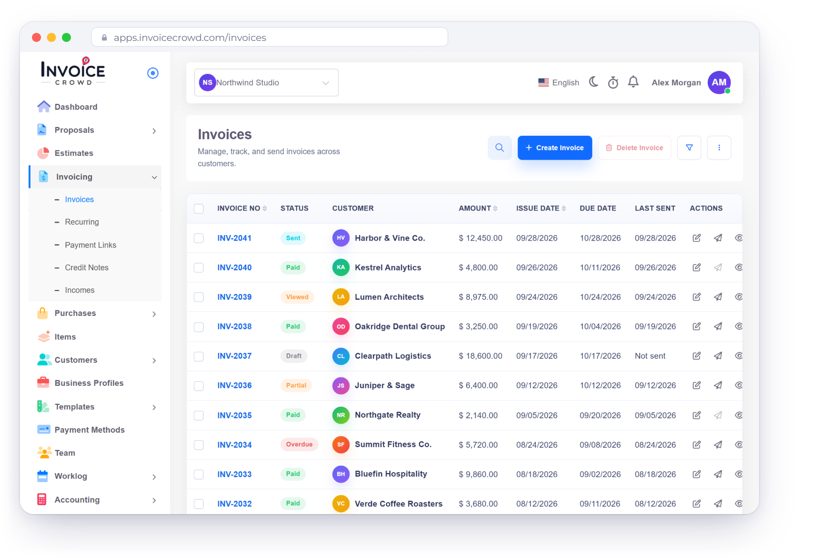 The Invoices screen in Invoice Crowd listing sent, paid, viewed, draft, partially paid and overdue invoices, with a paid-in-full notification, an invoice total and the invoice options for reminders, late fees and payment stub
