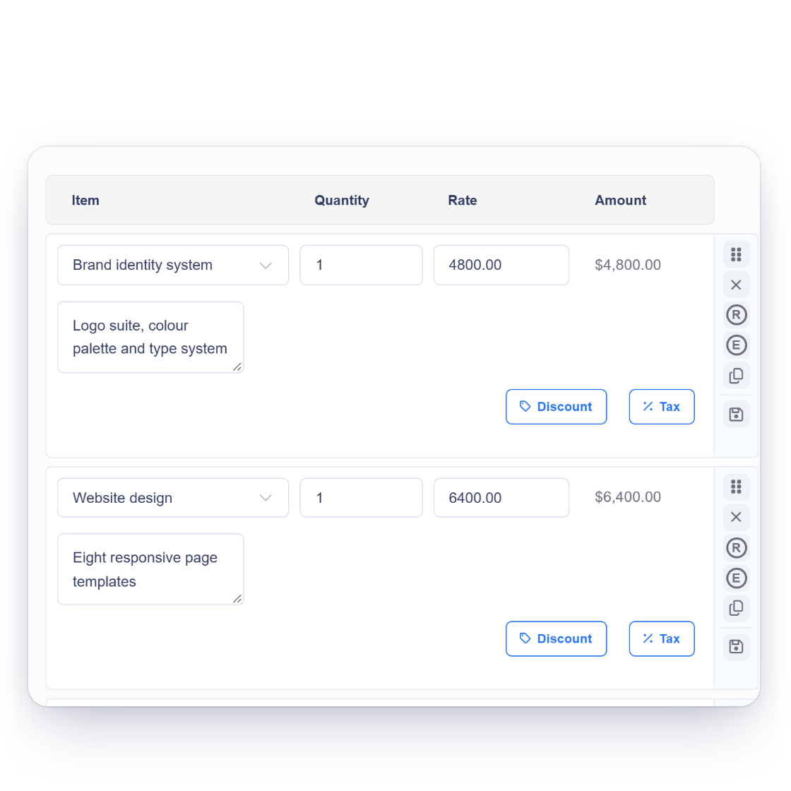 Invoice Crowd invoice editor with three line items, the item list filtered by a search and a line saved to the catalog