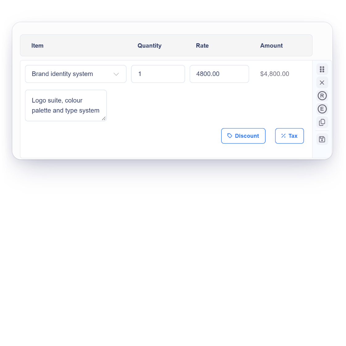 Invoice Crowd line item with a 10% discount and a saved sales tax rate applied, next to the tax picker with saved rates and a GST tax group