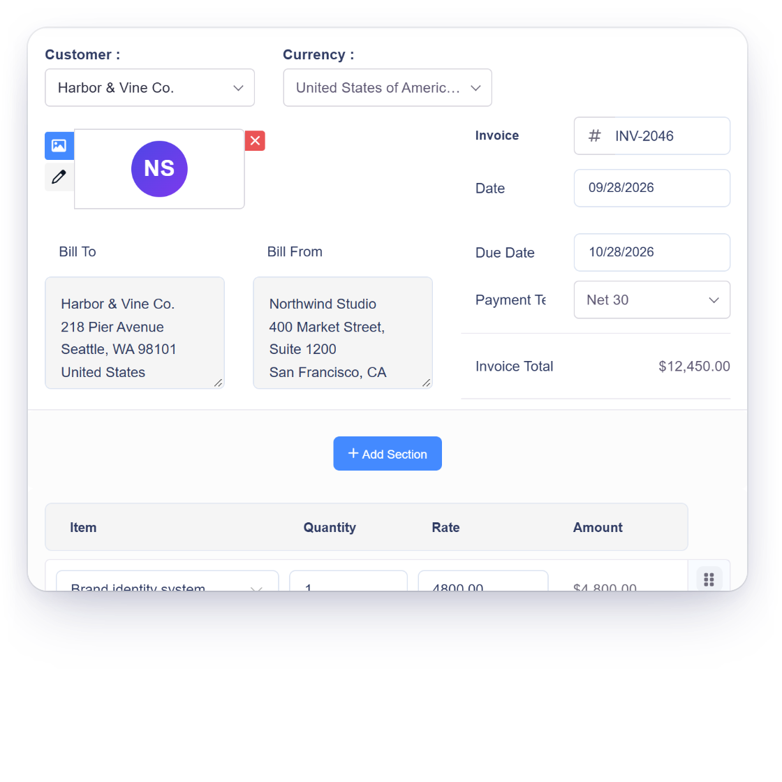 Invoice Crowd invoice editor with the India GST treatment set to export under LUT or bond, a line carrying its SAC code, and the GST filing exports that collect the figures