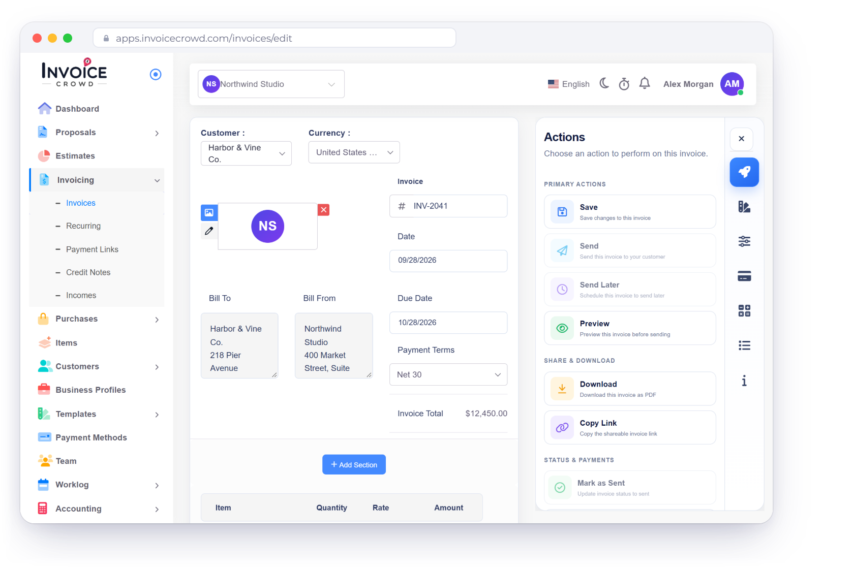 The Invoice Crowd invoice editor for INV-2041 with customer, currency, dates, lines and actions, next to the invoice options for reminders and late fees, the chosen template and a viewed notification