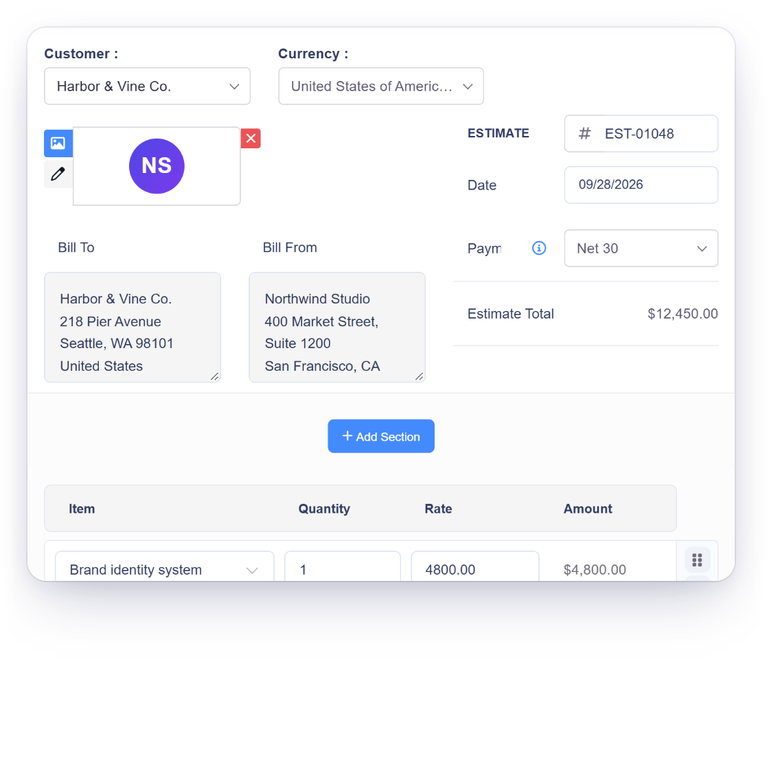 Invoice Crowd estimate editor with the Custom Fields dialog listing saved fields such as PO Number, Project reference, Site visit date and Portfolio link, and the values shown on the estimate