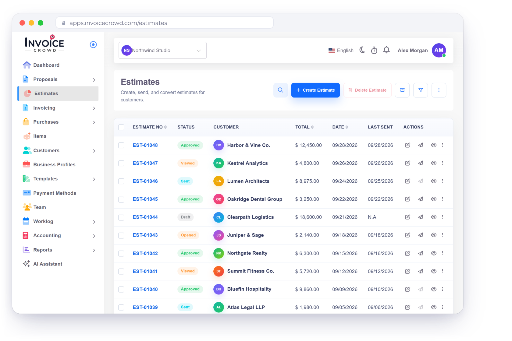 The Estimates screen in Invoice Crowd listing approved, viewed, opened, sent and draft estimates, with an approval notification, an approved estimate ready to convert and the estimate options for client quantities, item removal and automatic conversion