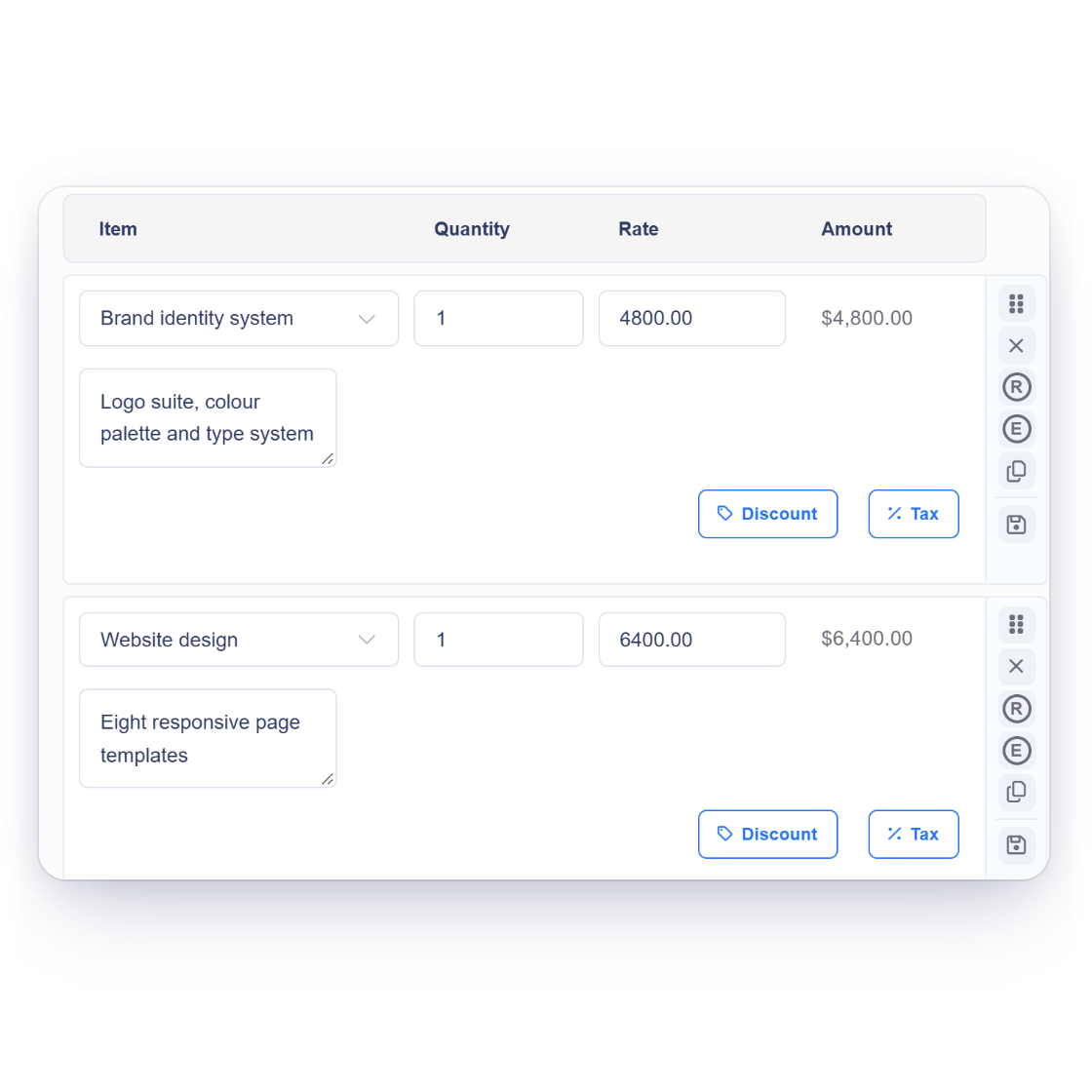 Invoice Crowd estimate editor with three priced lines, the item list filtered as you type and a new line kept as a saved item