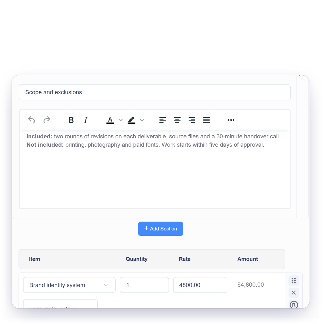 Invoice Crowd estimate editor with an added section titled Scope and exclusions above the priced lines, describing what is and is not included