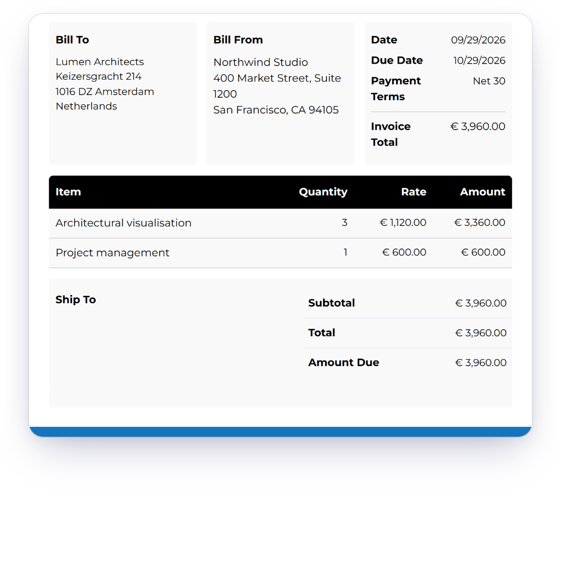 An Invoice Crowd invoice billed in euros with card payment through Stripe and the amount due unchanged, with no gateway fee added