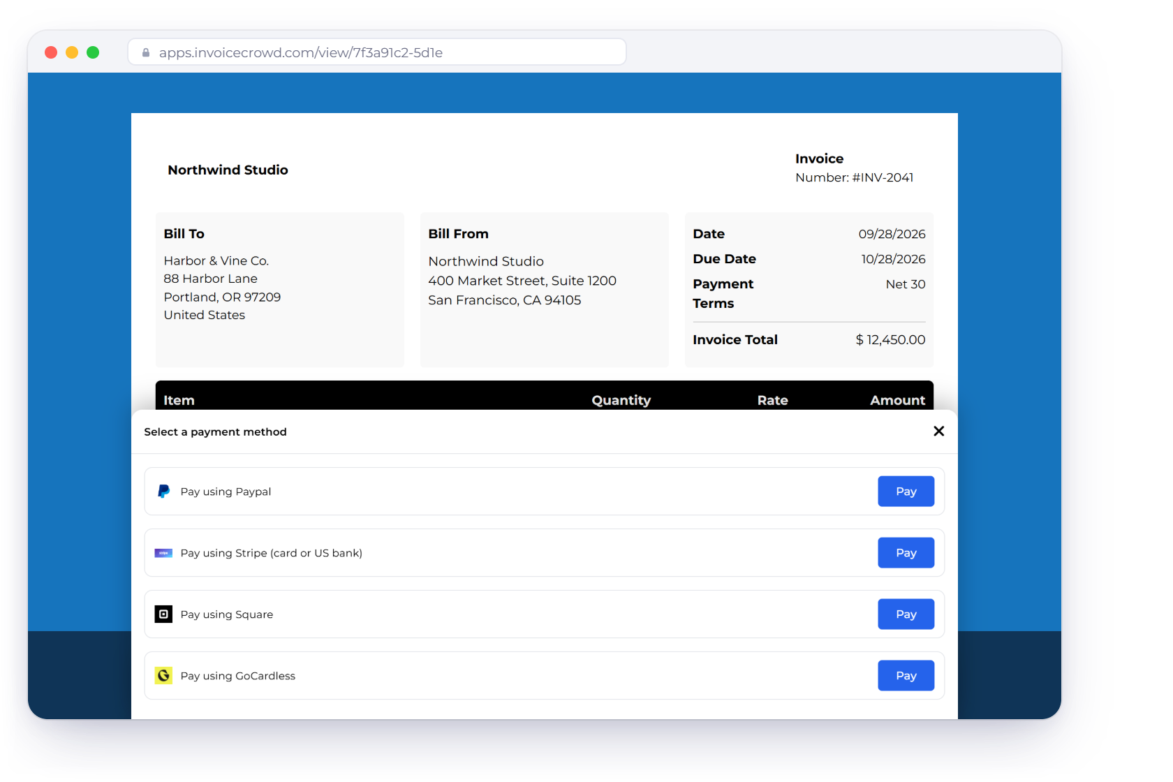 Invoice Crowd public invoice page with the client choosing between PayPal, Stripe, Square and GoCardless, the payment methods switched on for that invoice, and a payment received notification