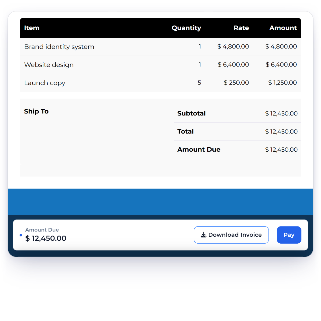 An Invoice Crowd invoice as the client sees it, with the amount due and a Pay button on the page and the payment methods it opens