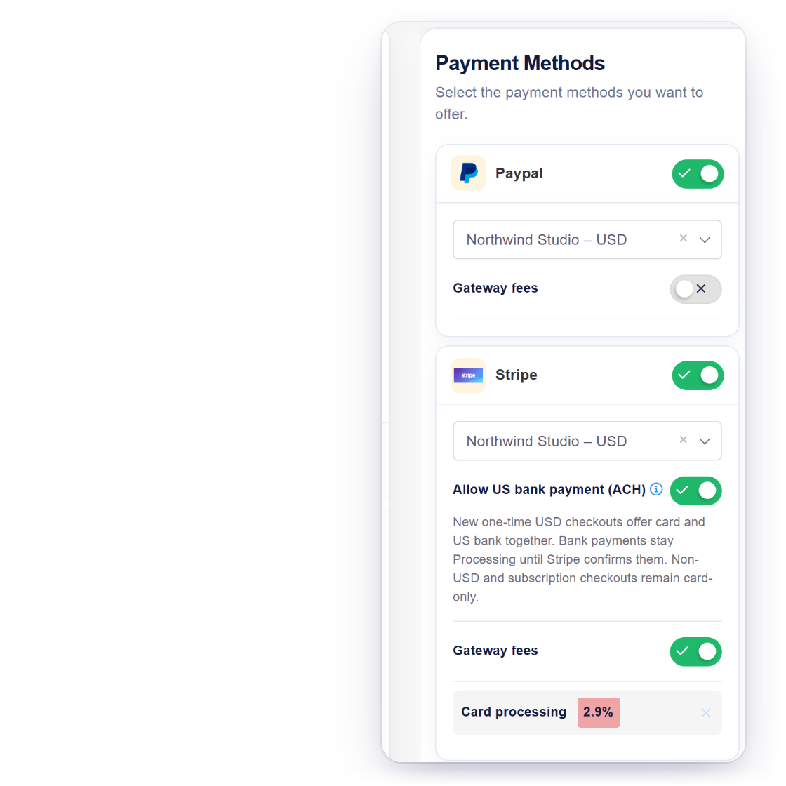Invoice Crowd invoice editor with the Payment Methods panel, PayPal and Stripe switched on for the invoice, and the choice the client then sees