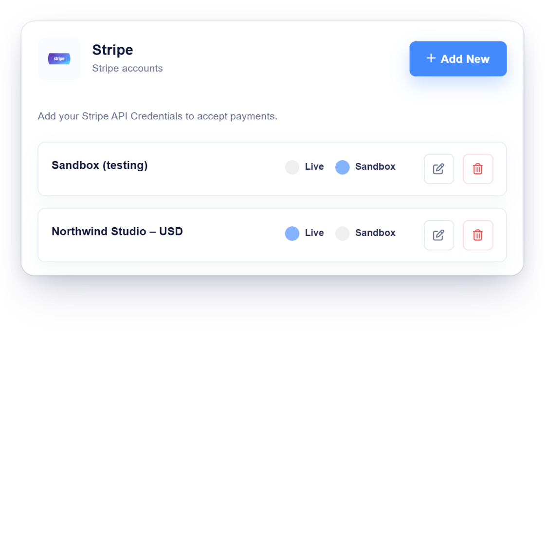 Invoice Crowd Stripe settings with a live and a sandbox account, the fields for your own Stripe keys, and an invoice marked paid via Stripe