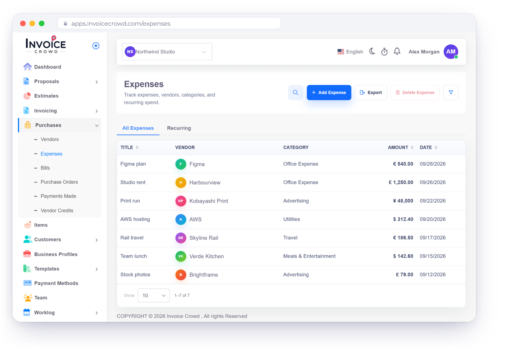 Invoice Crowd expenses list with a Pabbly Connect workflow that creates records in Invoice Crowd, and the six triggers and six actions available