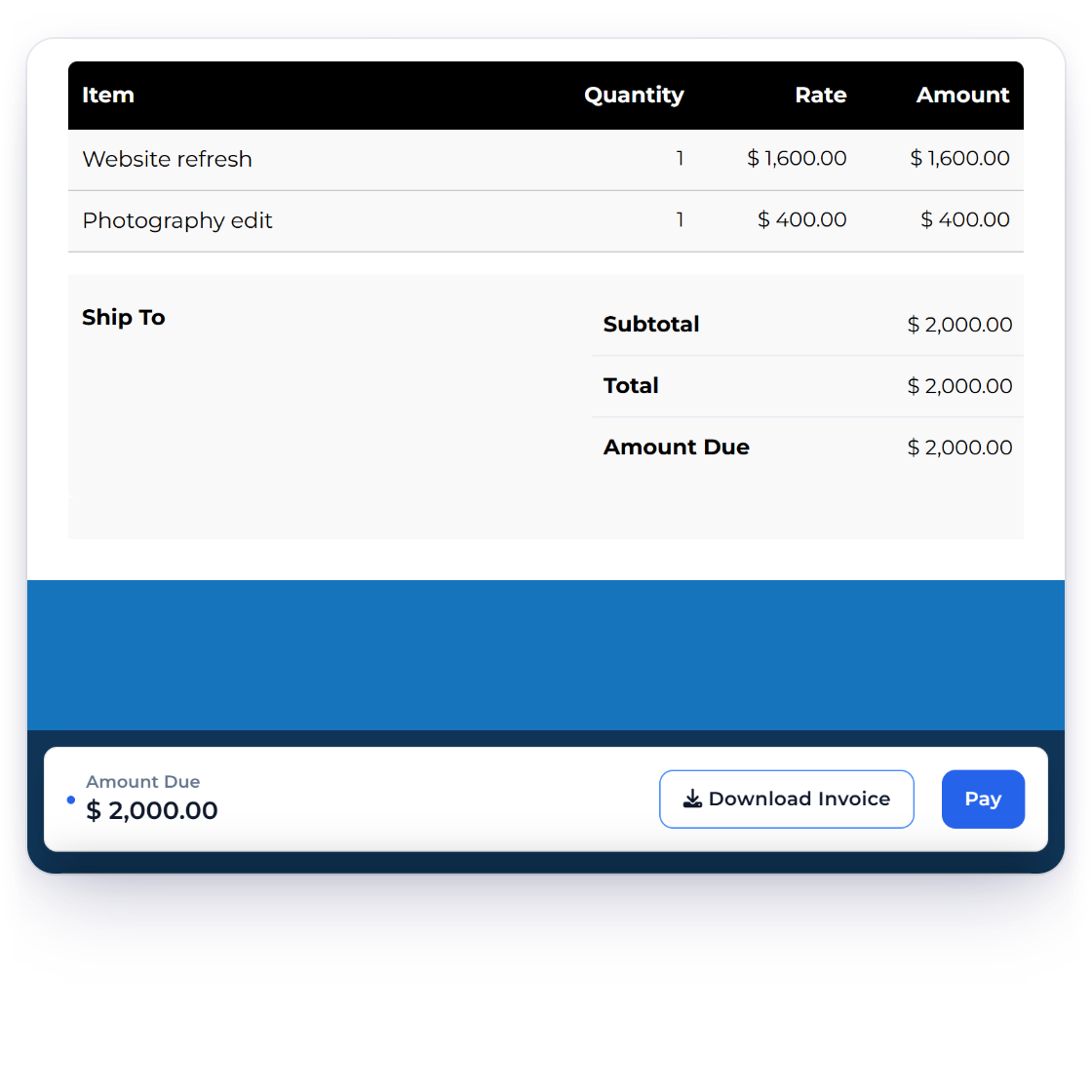 An Invoice Crowd invoice for $2,000.00 on the client side with a partial payment of $800.00 entered and $1,200.00 left to pay