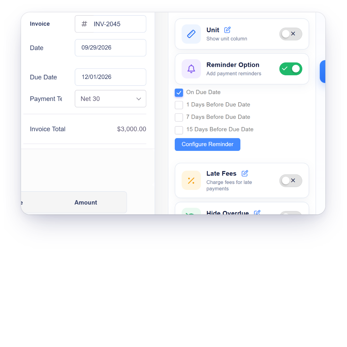 Invoice Crowd invoice with a due date and reminder options, and the three agreed due dates as the client sees them on the payment schedule