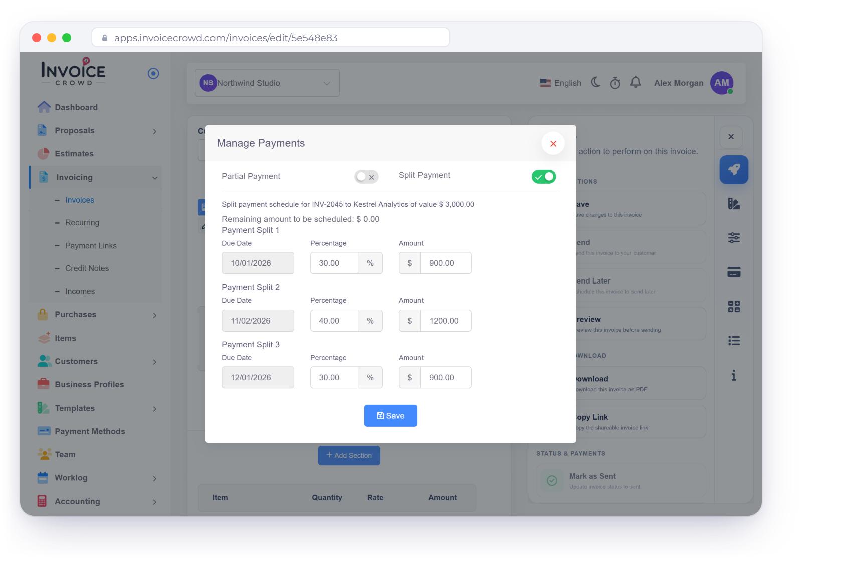 The Invoice Crowd Manage Payments window splitting a $3,000.00 invoice into three payments with due dates, percentages and amounts, next to the client view of the schedule and a partial payment with a minimum amount