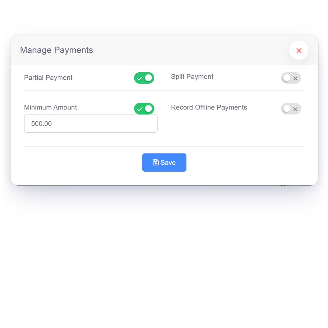 Invoice Crowd Manage Payments window with Partial Payment switched on and a Minimum Amount of $500.00 for a $2,000.00 invoice