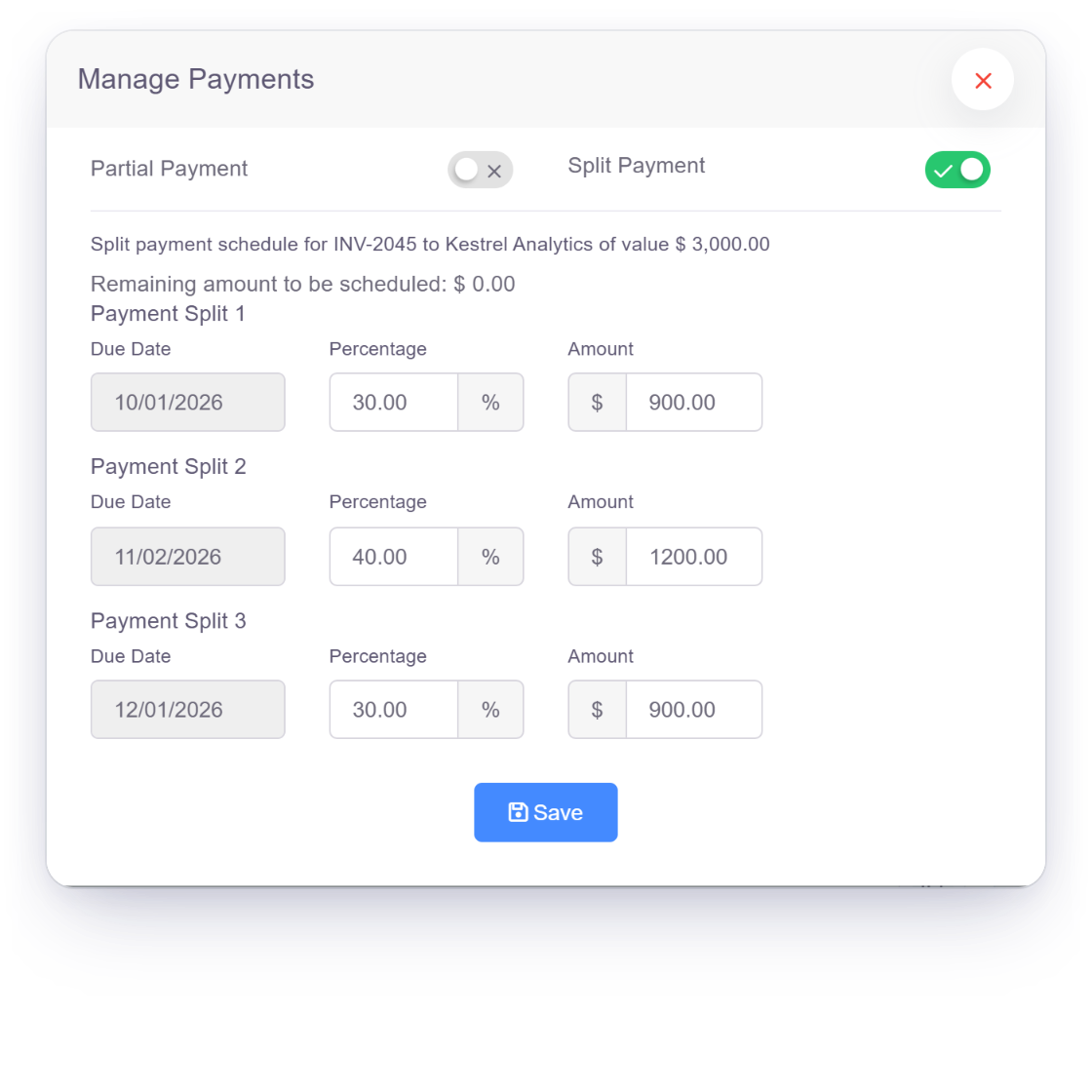 Invoice Crowd Manage Payments window splitting a $3,000.00 invoice into $900.00, $1,200.00 and $900.00 with a due date for each payment