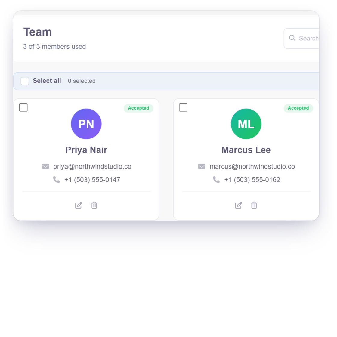 Invoice Crowd team screen showing 3 of 3 members used, the seats each plan includes, and the message shown when no seat is left