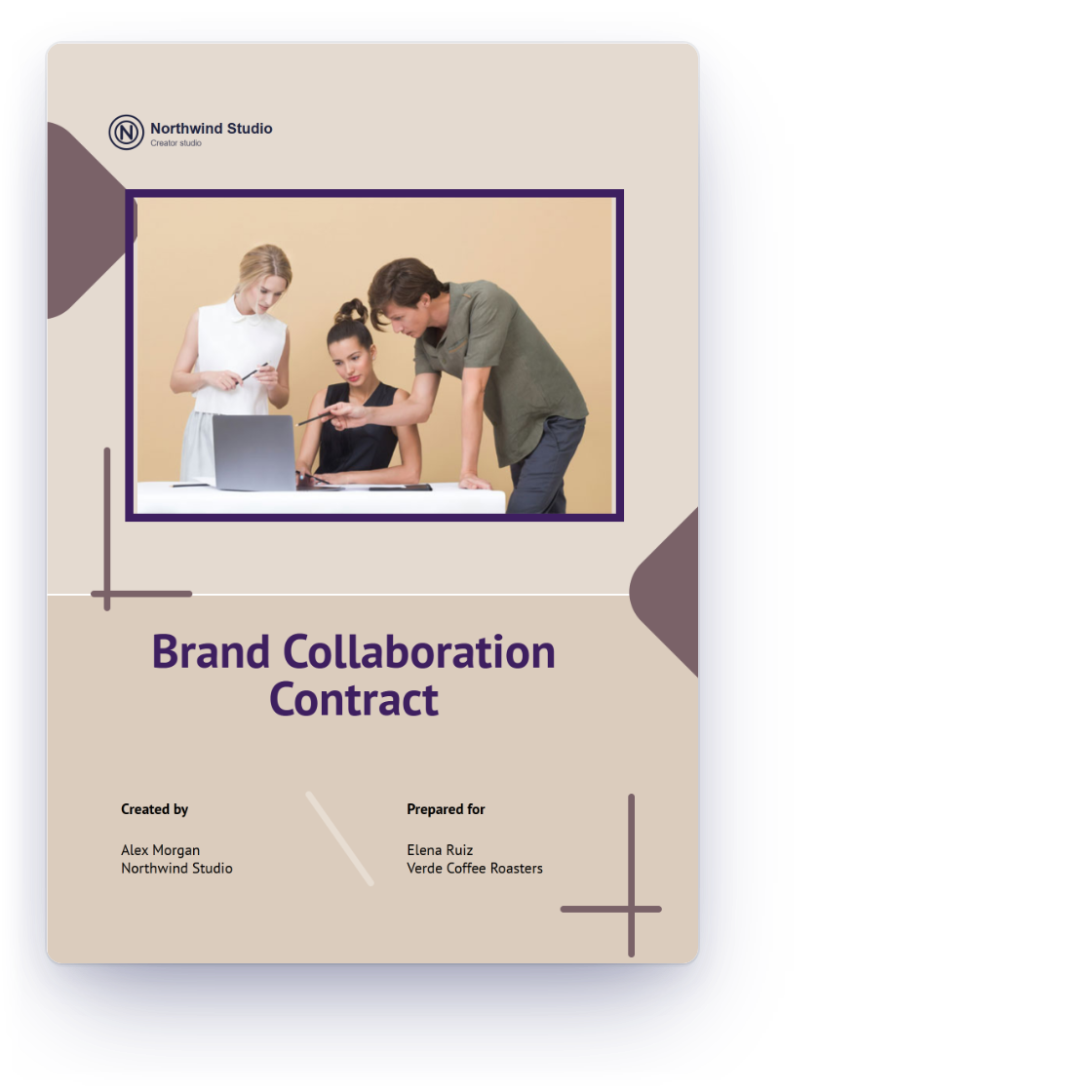 The Brand Deal Agreement proposal template in Invoice Crowd filled in for a sponsor, with sections for deliverables, posting dates, usage and exclusivity and a signature from the brand