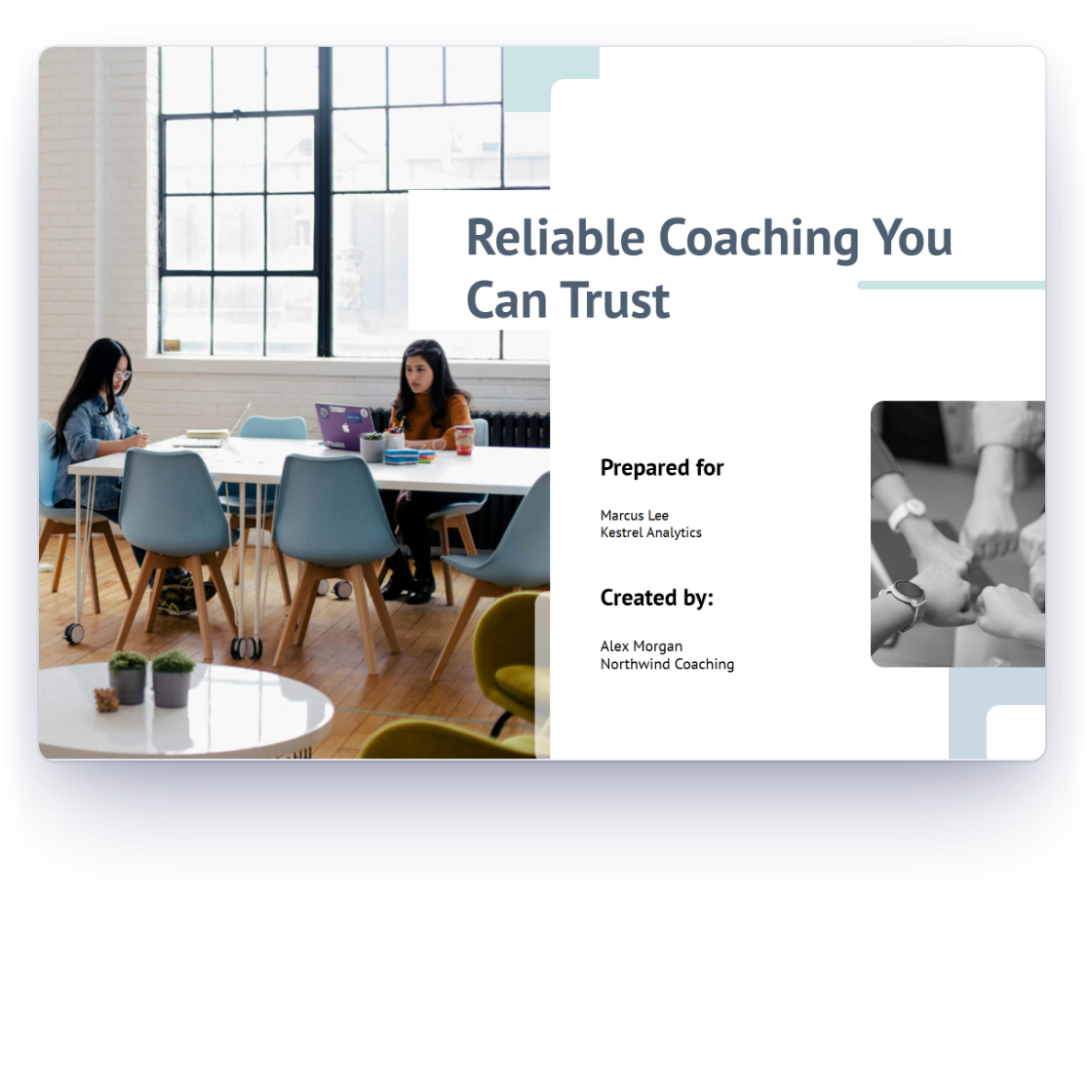 The Executive Coaching proposal template in Invoice Crowd filled in for a leadership coaching package, with the package pricing and the client signature