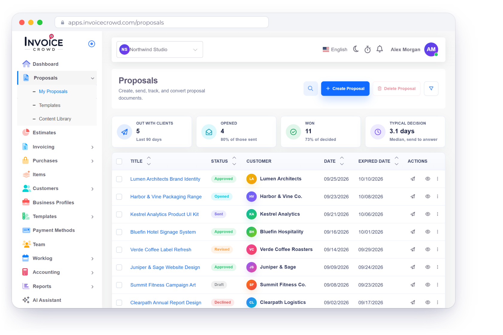 Invoice Crowd Proposals screen for a design studio with approved, opened, revised and draft proposals, the client view of a pricing table with an extra concept removed and a deposit, milestone and balance payment schedule
