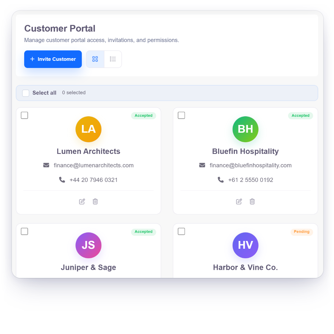 Invoice Crowd Customer Portal screen for a design studio with invited clients, and the portal view where a client finds the proposal they approved, an estimate and an invoice to pay