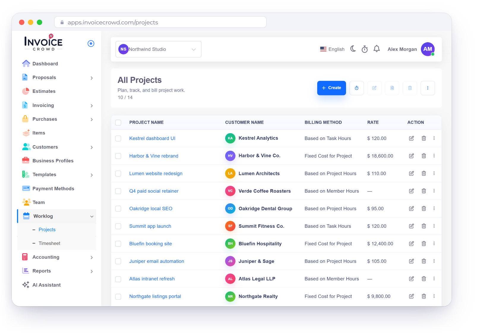 Invoice Crowd Projects screen for a digital agency with fixed-cost and hourly projects per client, a running timer, a monthly retainer schedule and the hours logged against a project budget