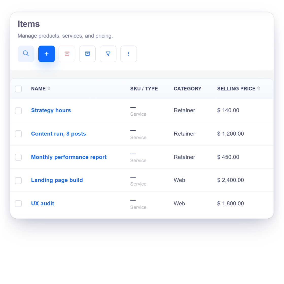 Invoice Crowd items list with an agency retainer broken into saved services, the same items on a recurring retainer invoice and the item search used to add them