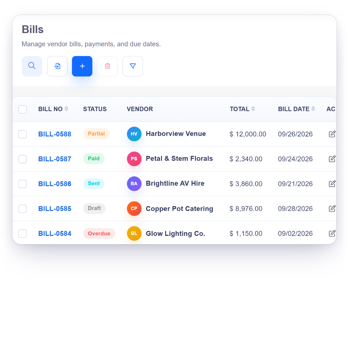 Invoice Crowd bills list for an event planner with venue, florist, AV, catering, lighting and security bills, an approved purchase order ready to convert to a bill and a vendor credit applied to a bill
