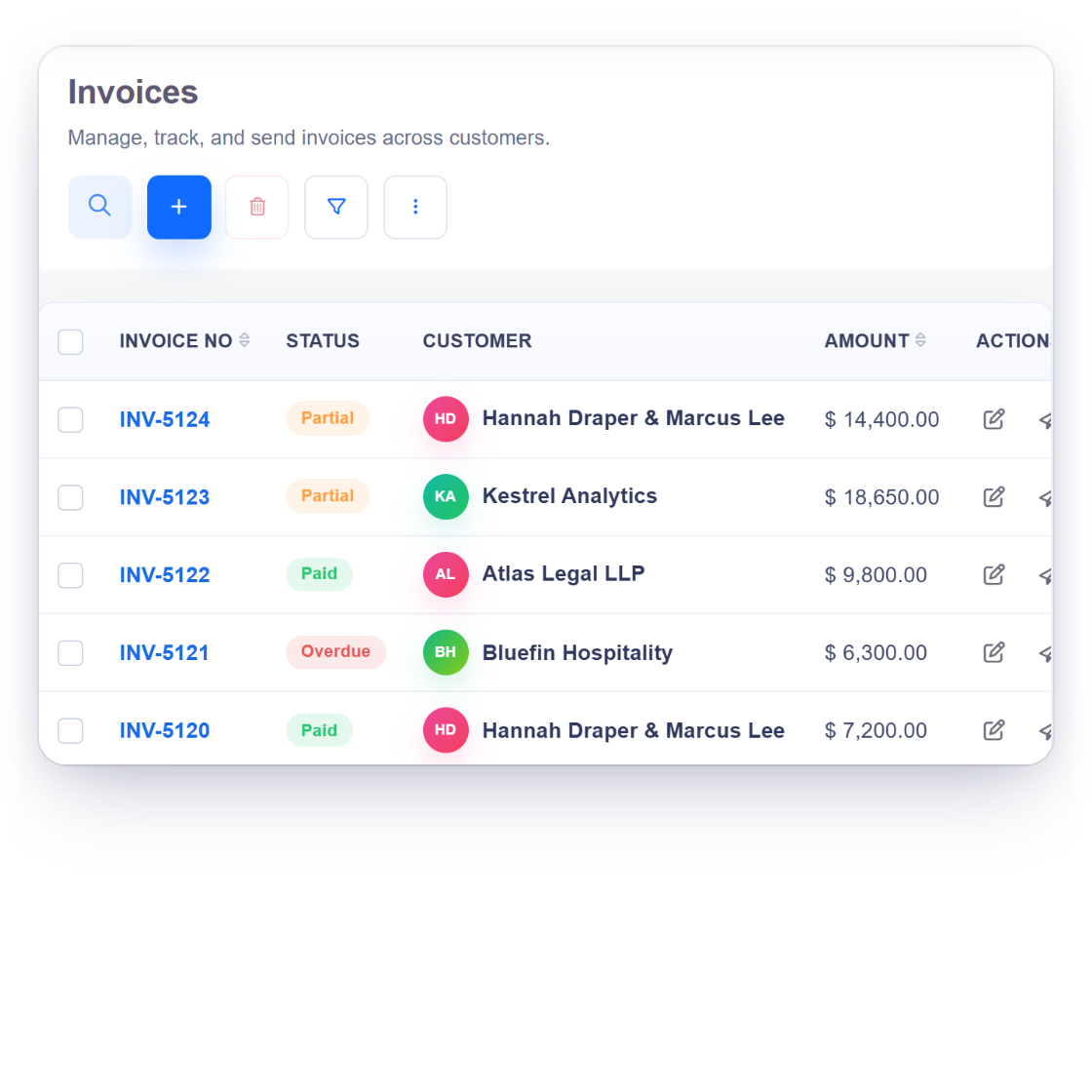 Invoice Crowd invoices list for an event planner with a wedding invoice split into a booking deposit, an interim payment and a balance, and the amount still to pay