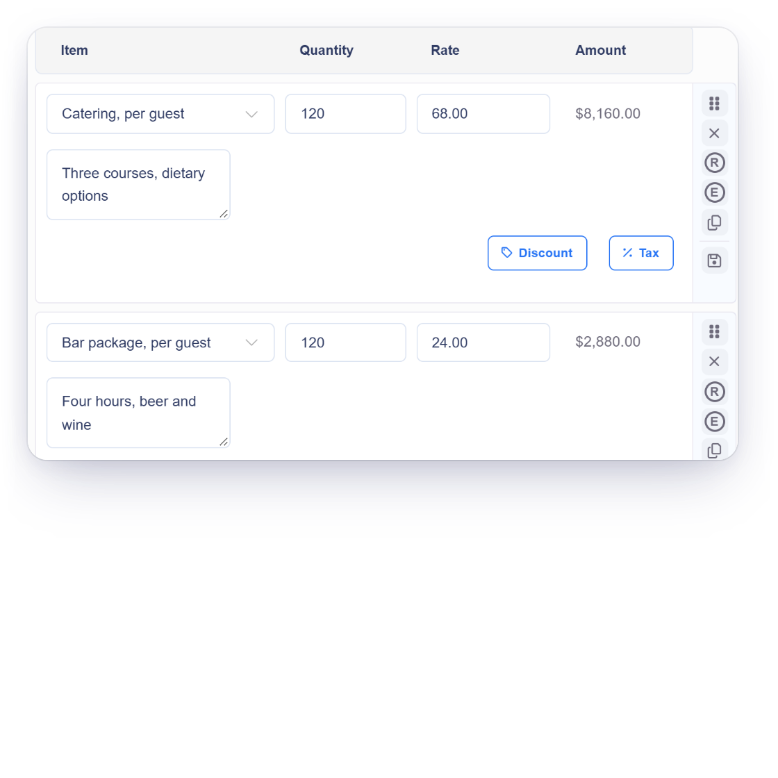 Invoice Crowd estimate editor for a corporate event priced per guest and per staff hour, with the option that lets the client change quantities and the client view where the guest count moved from 120 to 132