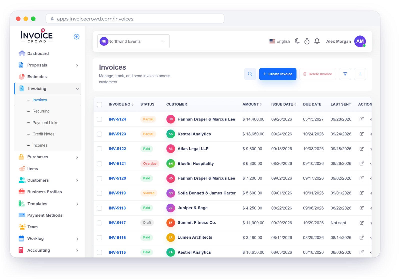 Invoice Crowd Invoices screen for an event planner with wedding and corporate event invoices, a booking deposit notification, a three-stage payment schedule for a wedding and the supplier bills recorded for September