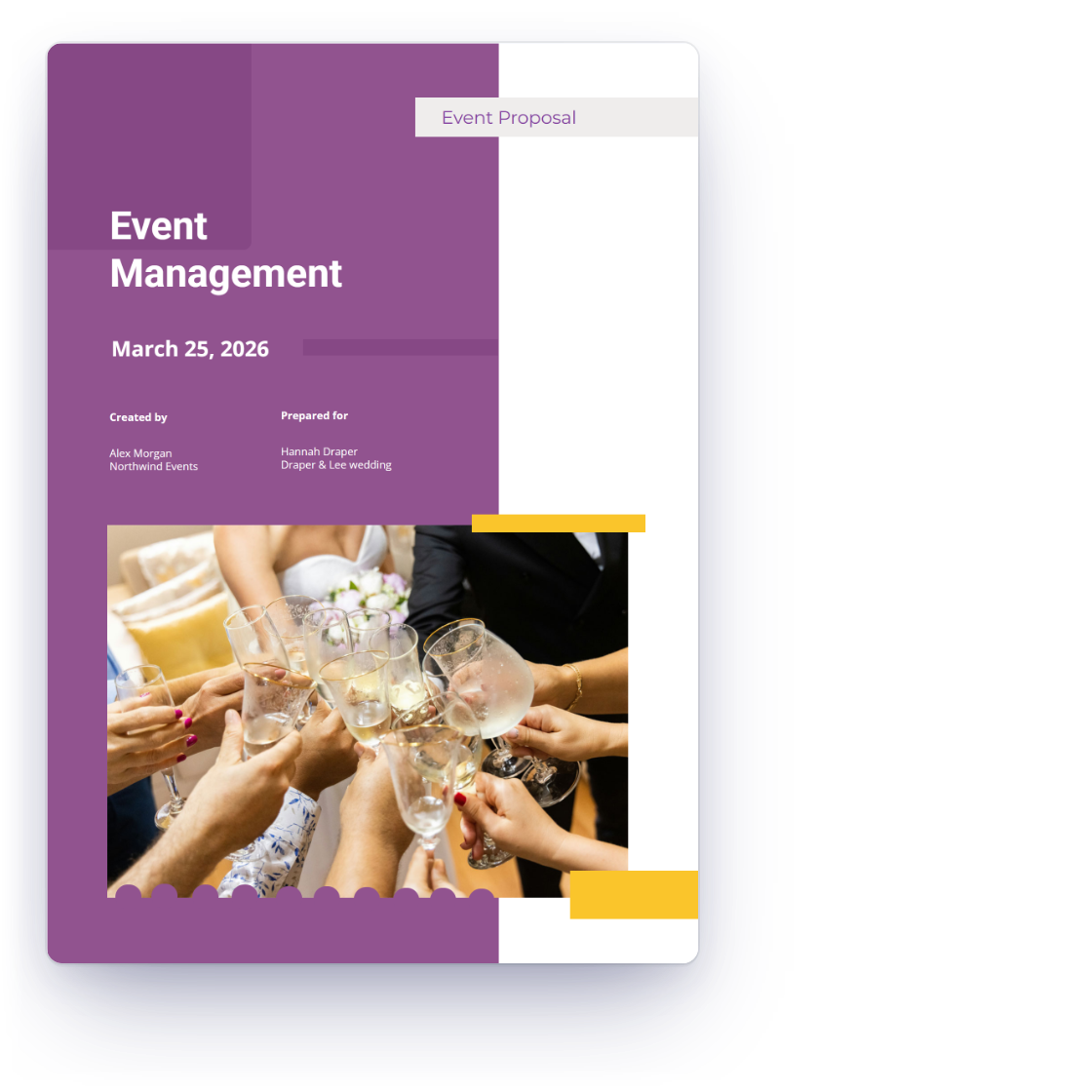 The Event Management proposal template in Invoice Crowd filled in for a wedding, with the budget table as the client sees it and cancellation and payment schedule terms from the content library