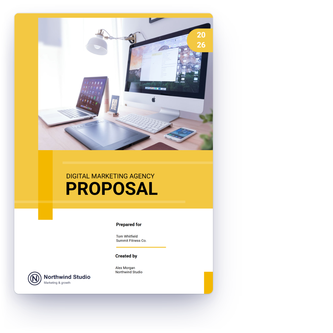 The Digital Marketing proposal template in Invoice Crowd filled in for a client, with reusable sections from the content library and a proposal signed in the browser