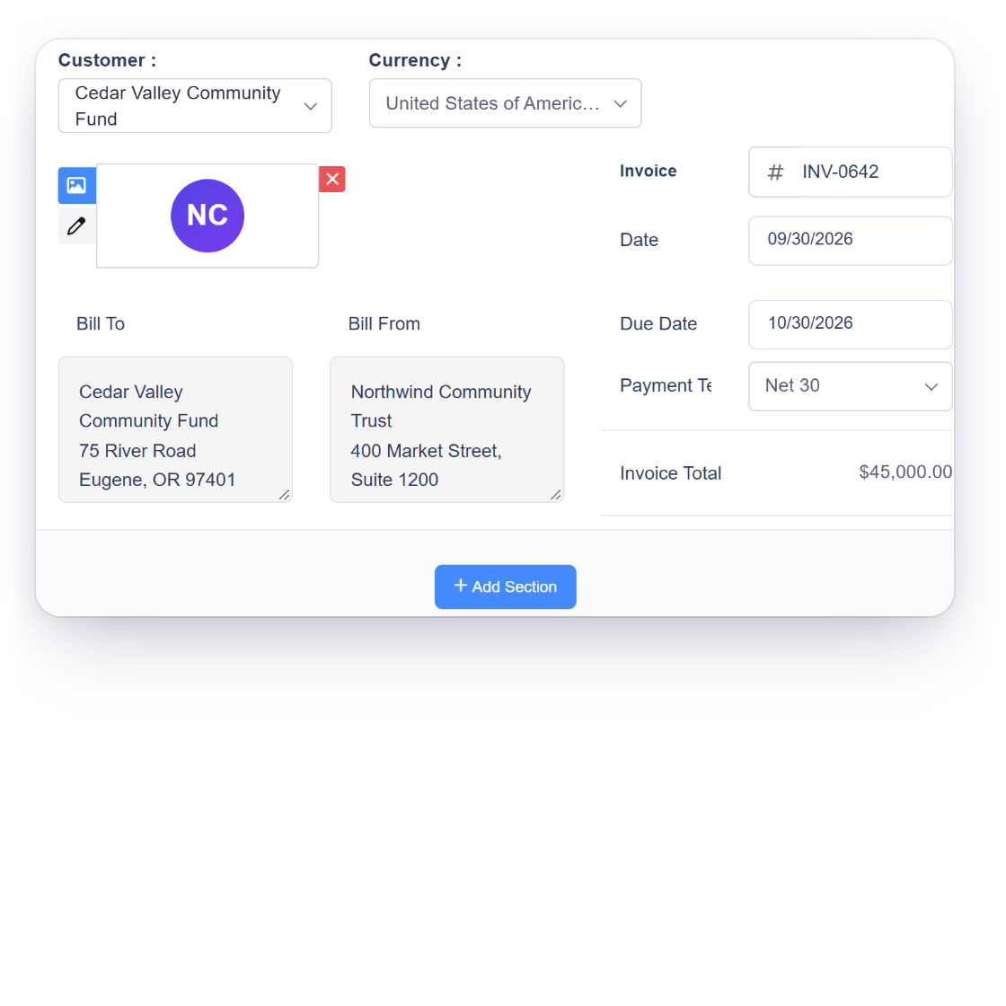 Invoice Crowd invoice to a grant funder with the grant installment and evaluation report lines, custom fields for the grant and program references, Net 30 payment terms and a credit note for a returned amount