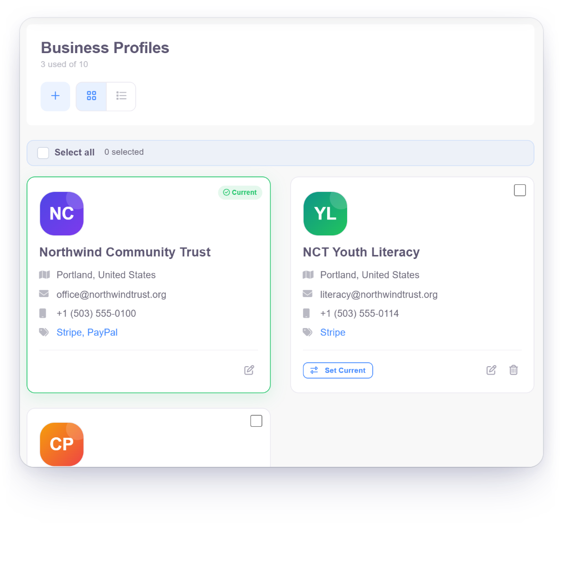 Invoice Crowd Business Profiles screen with a separate profile for each program of a non-profit, and the switcher that moves between their books under one login