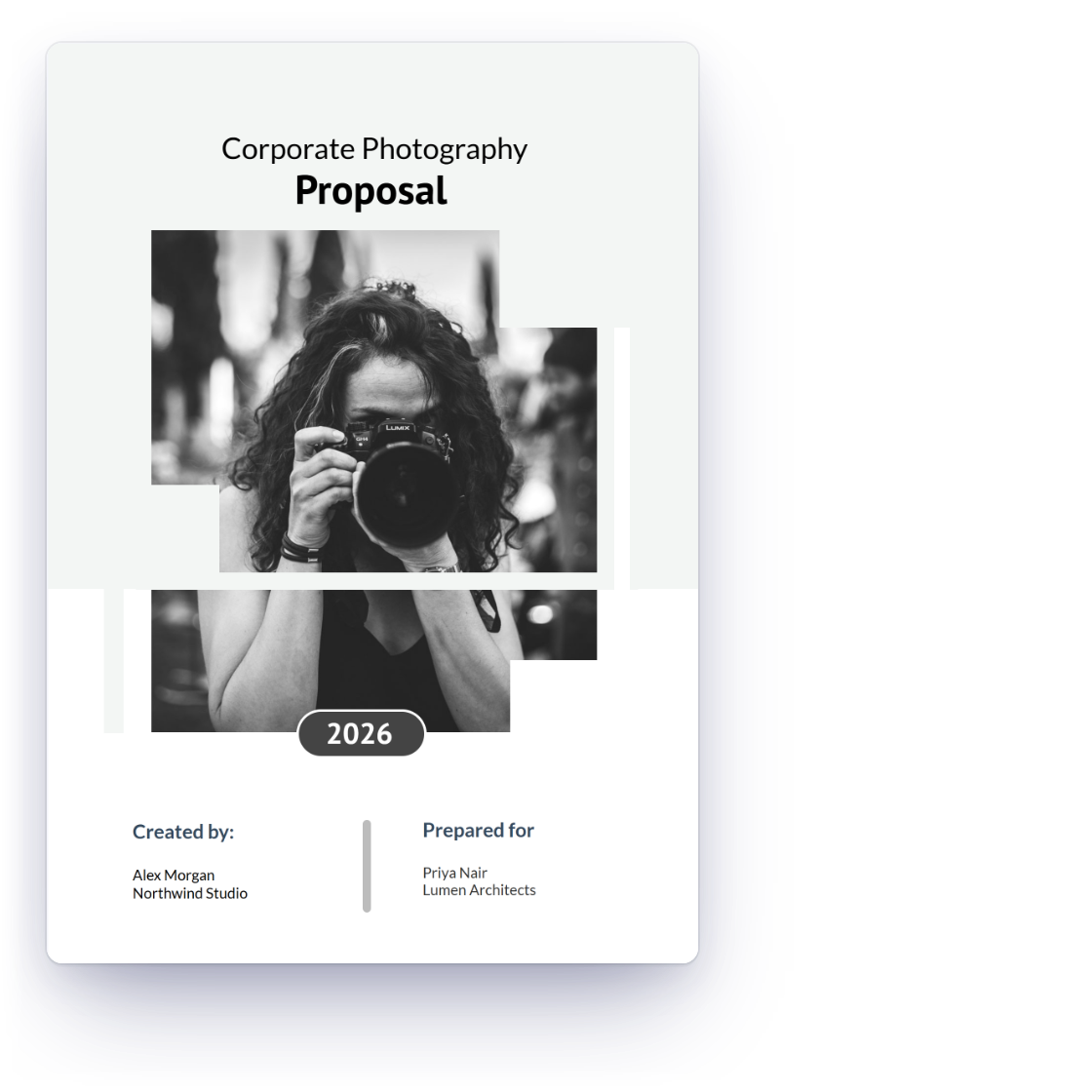 The Corporate Photography proposal template in Invoice Crowd filled in for an architecture shoot, the pricing table as the client sees it with the headshots line removed, and the signed approval