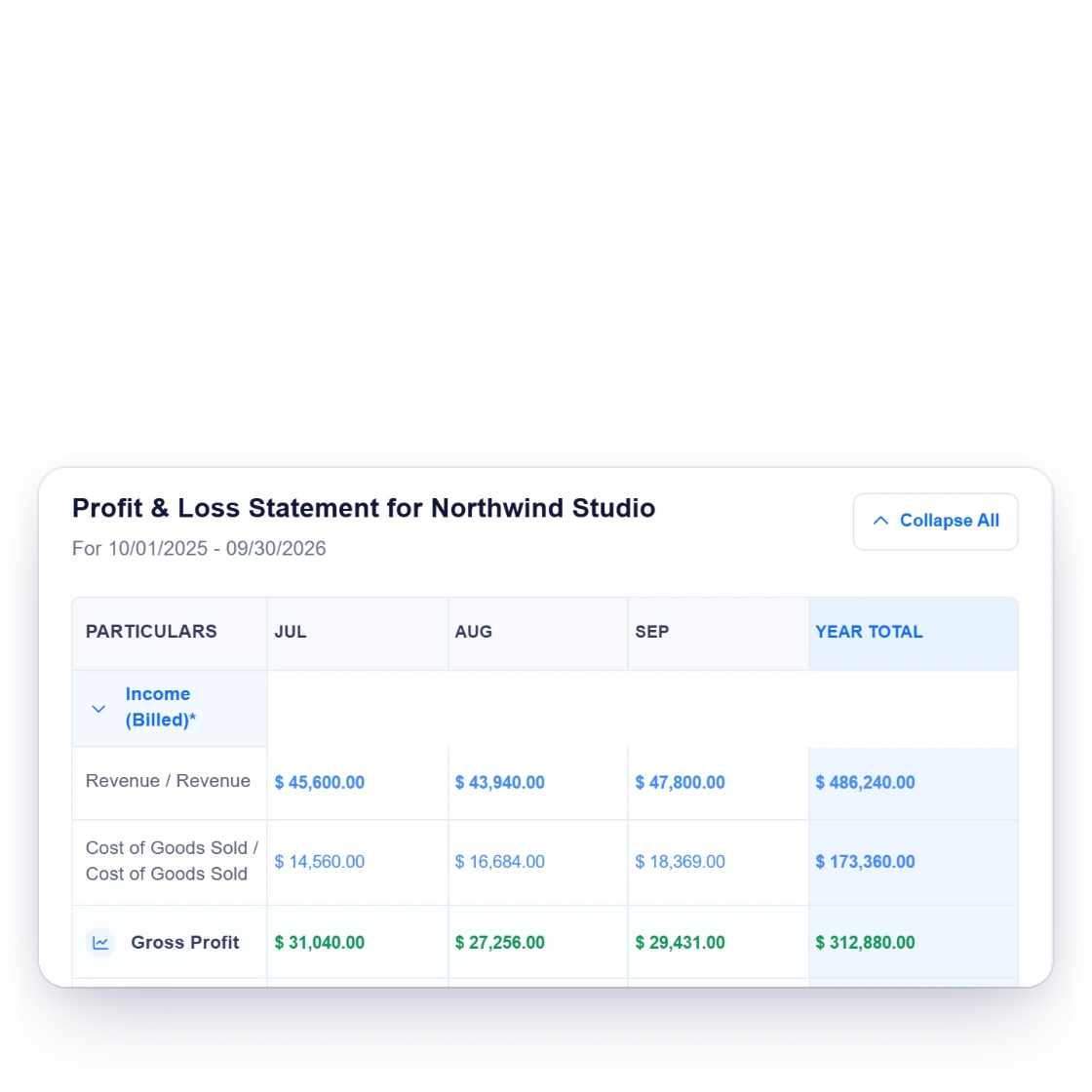 Invoice Crowd profit and loss statement with monthly revenue and gross profit, total revenue and net profit