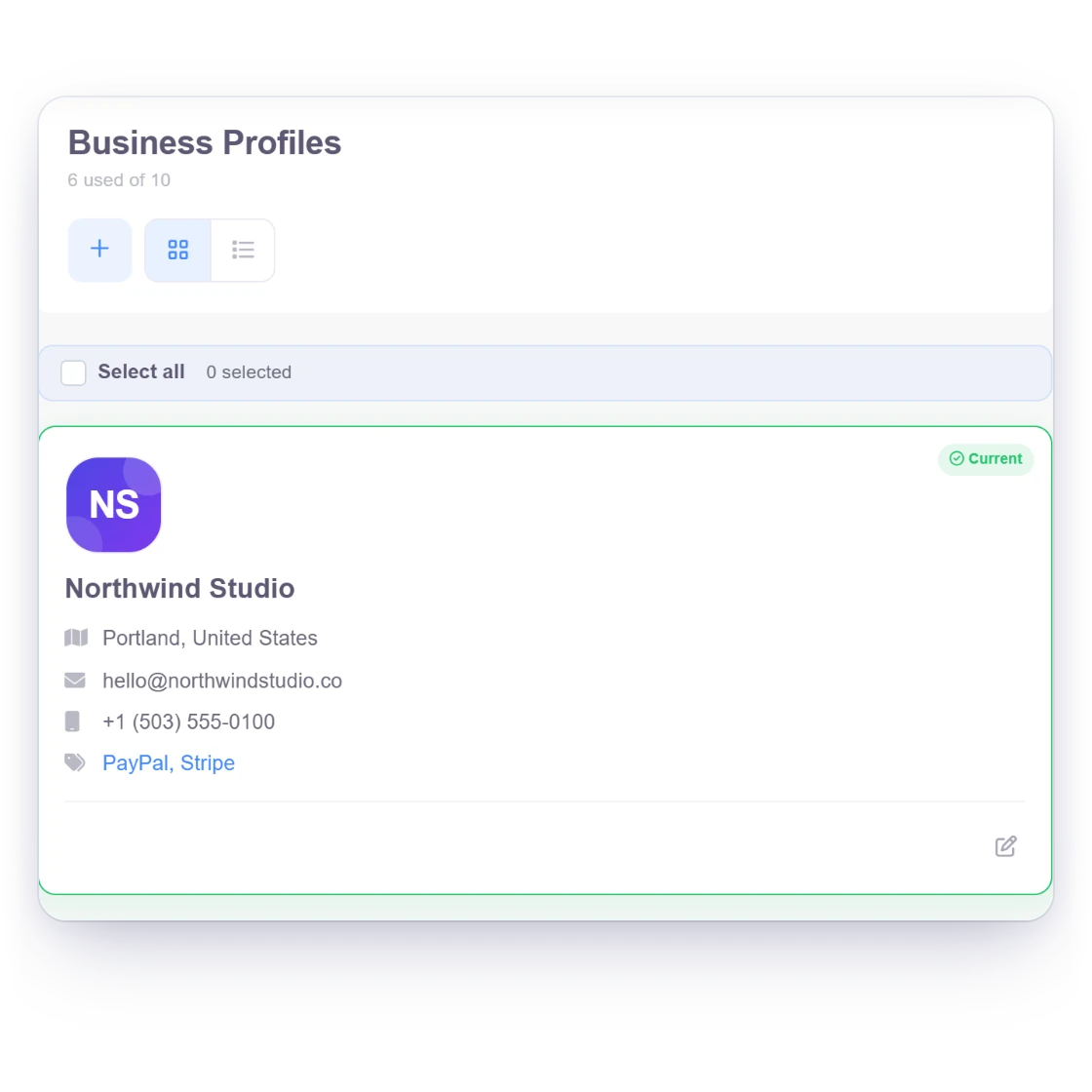 Invoice Crowd business profiles with separate brands and a business switcher showing each profile's currency and books