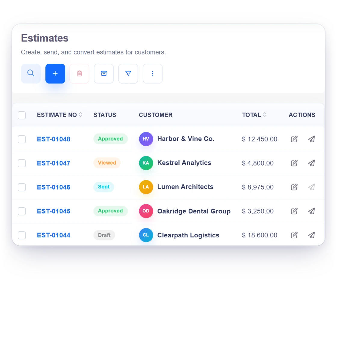 Invoice Crowd estimates list with approved, viewed and draft estimates, and an approved estimate ready to convert to an invoice