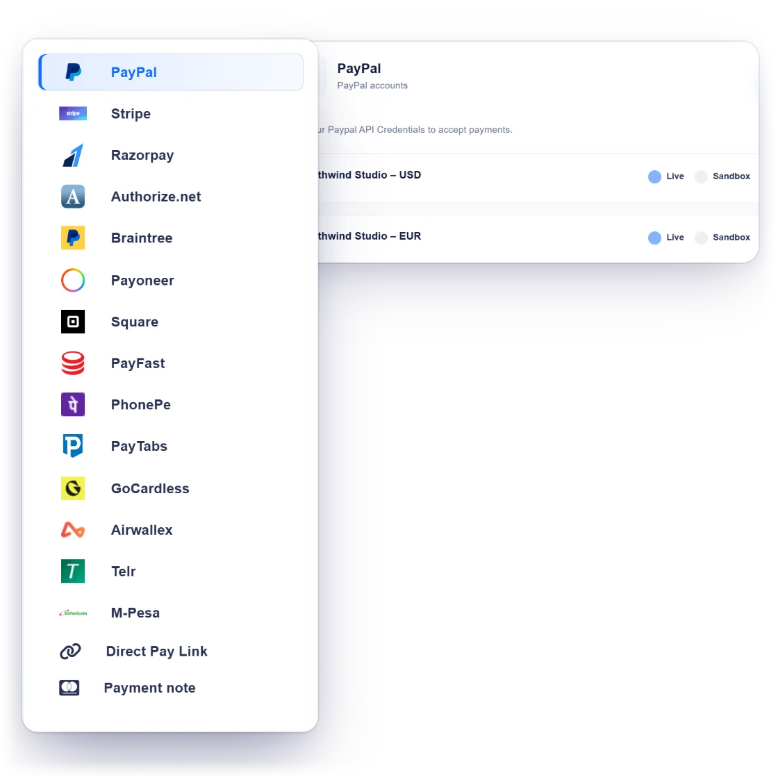 All 14 payment gateways Invoice Crowd supports, including PayPal, Stripe, Razorpay, Square, Payoneer and GoCardless, with connected PayPal accounts, a paid invoice and a payment received notification