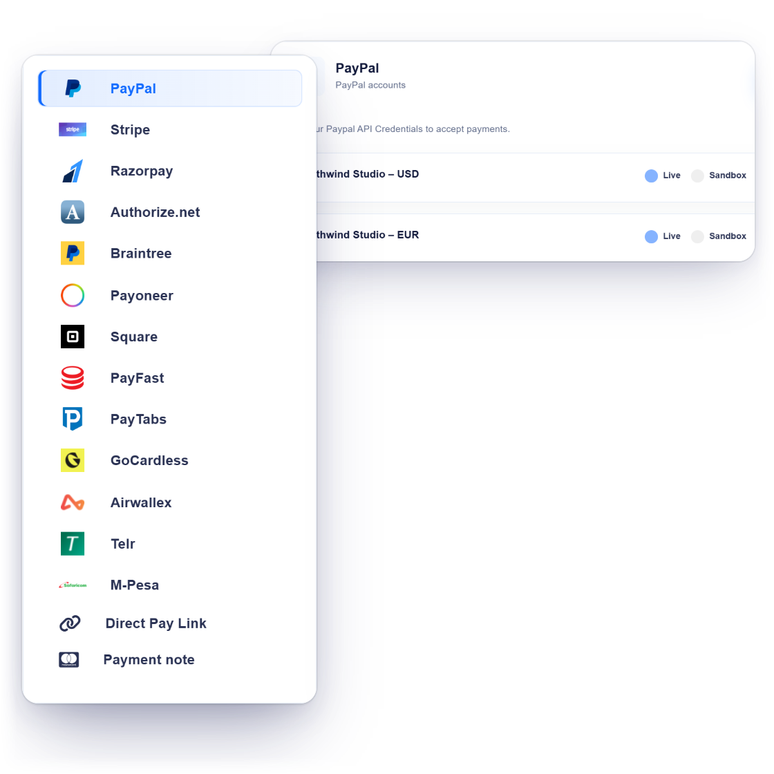 The 13 payment gateways Invoice Crowd supports, including PayPal, Stripe, Razorpay, Square, Payoneer and GoCardless, plus Direct Pay Link and Payment note, with connected PayPal accounts, a paid invoice and a payment received notification