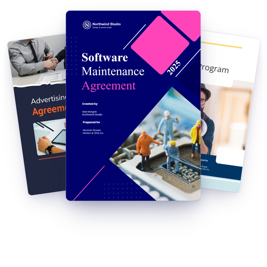 Three branded Invoice Crowd proposal templates, Software Maintenance, Advertising Agency and Affiliate Program, with an e-signed approval and proposal view tracking