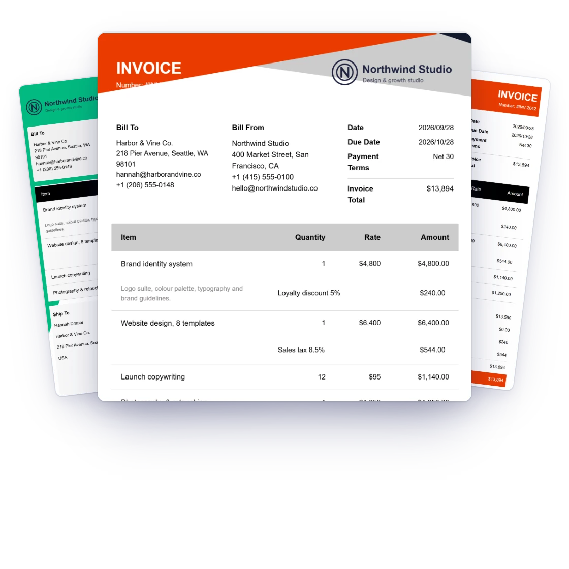 The same invoice rendered in three Invoice Crowd invoice templates, with a design picker and set-as-default option