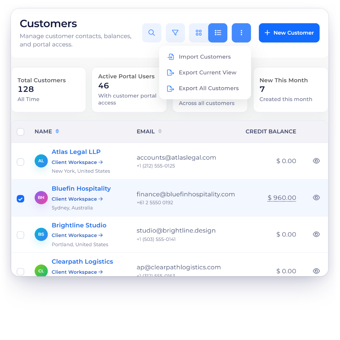 The Invoice Crowd customers list with the More menu open at Import Customers, Export Current View and Export All Customers, three customers ticked with Export Selected in the bulk bar, and the Customers Webhook sending Customer Created and Customer Updated events to a URL you choose