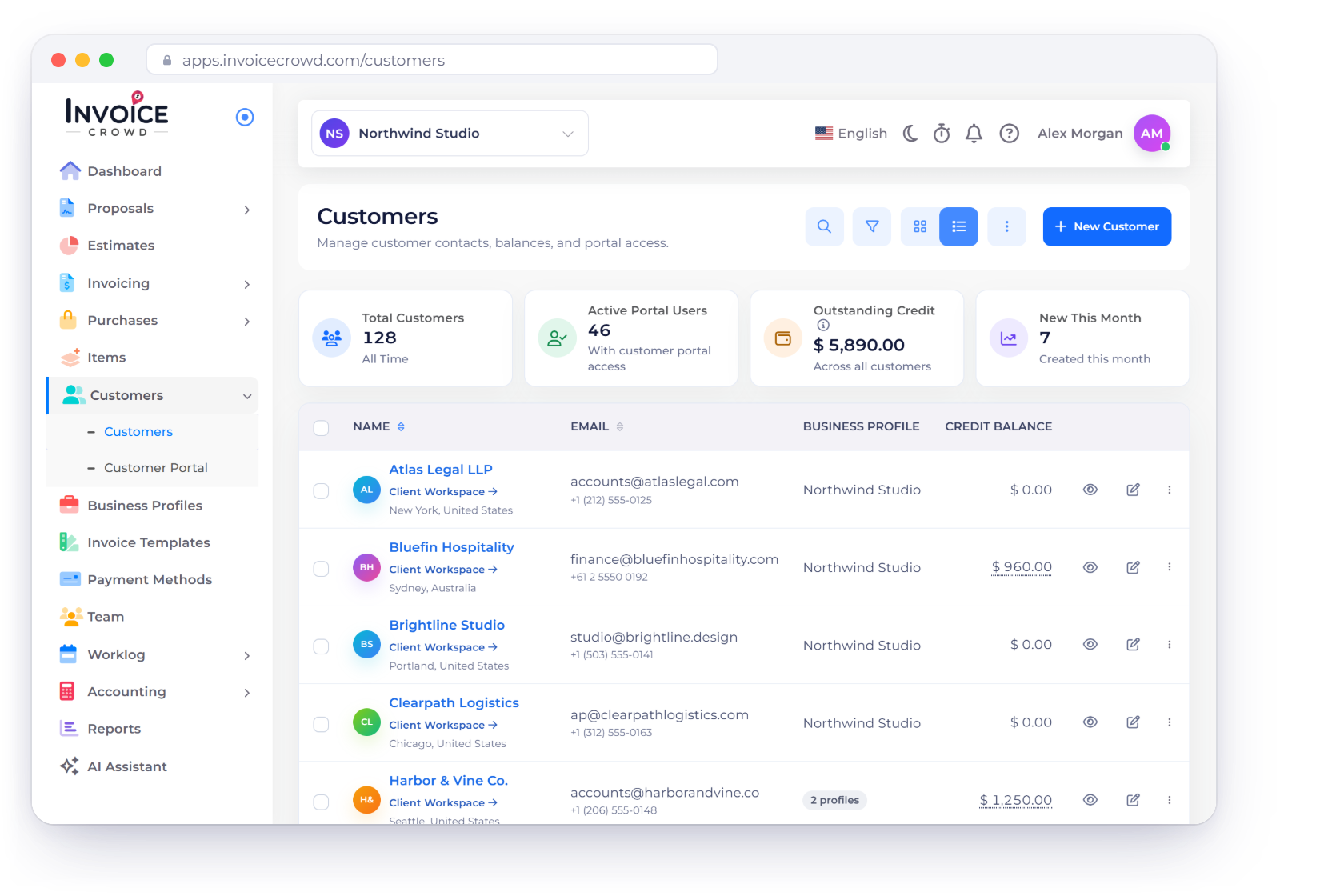 The Invoice Crowd Customers screen with Total Customers, Active Portal Users, Outstanding Credit and New This Month, the customer list with a Client Workspace link and credit balance on every row, and the New Customer drawer open at Basic Information