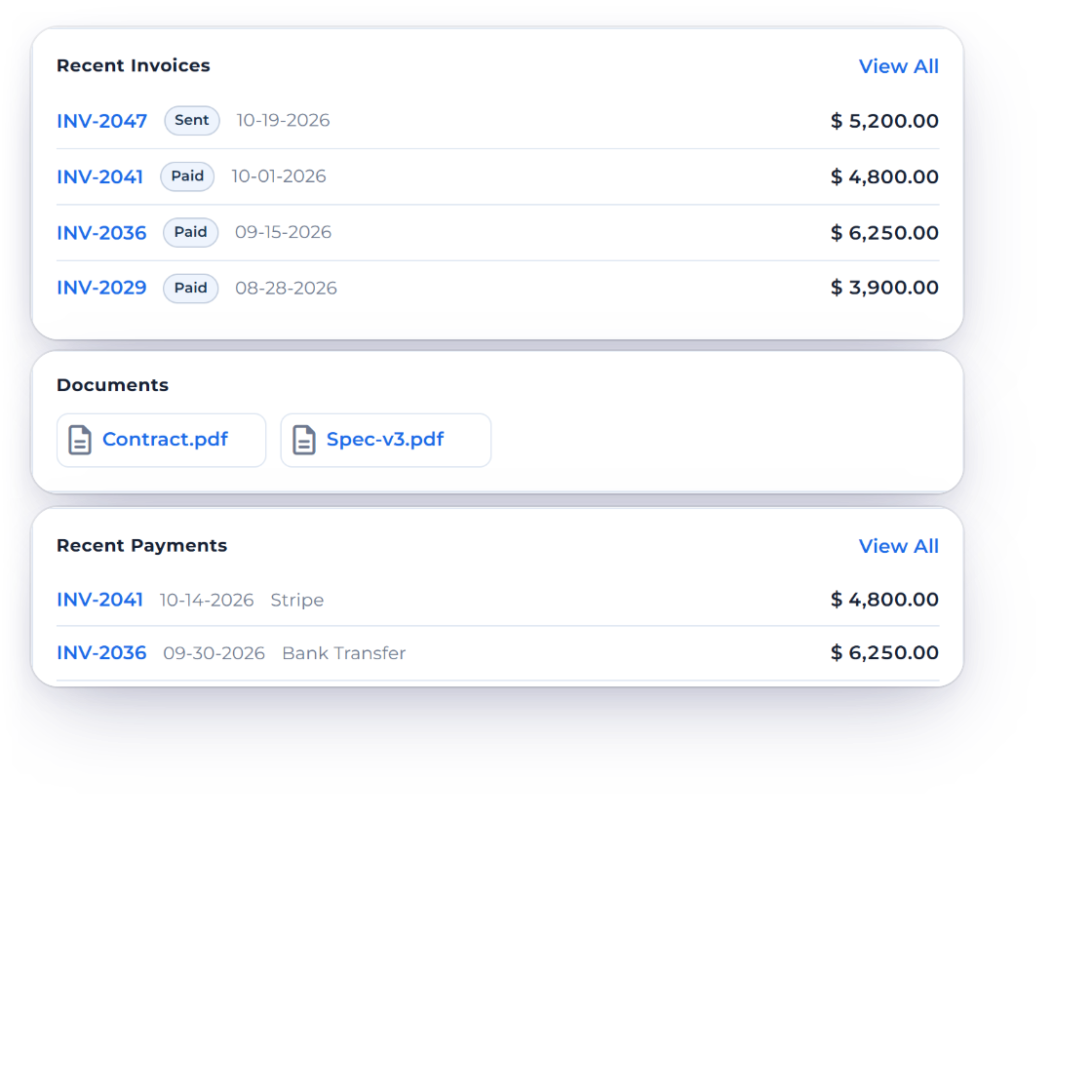 The Invoice Crowd View Customer drawer for Harbor & Vine Co. with Recent Invoices and their Sent and Paid statuses, Recent Payments by Stripe and bank transfer, and the documents attached to their invoices, beside the Statement of Account dialog offering an Activity or Outstanding statement