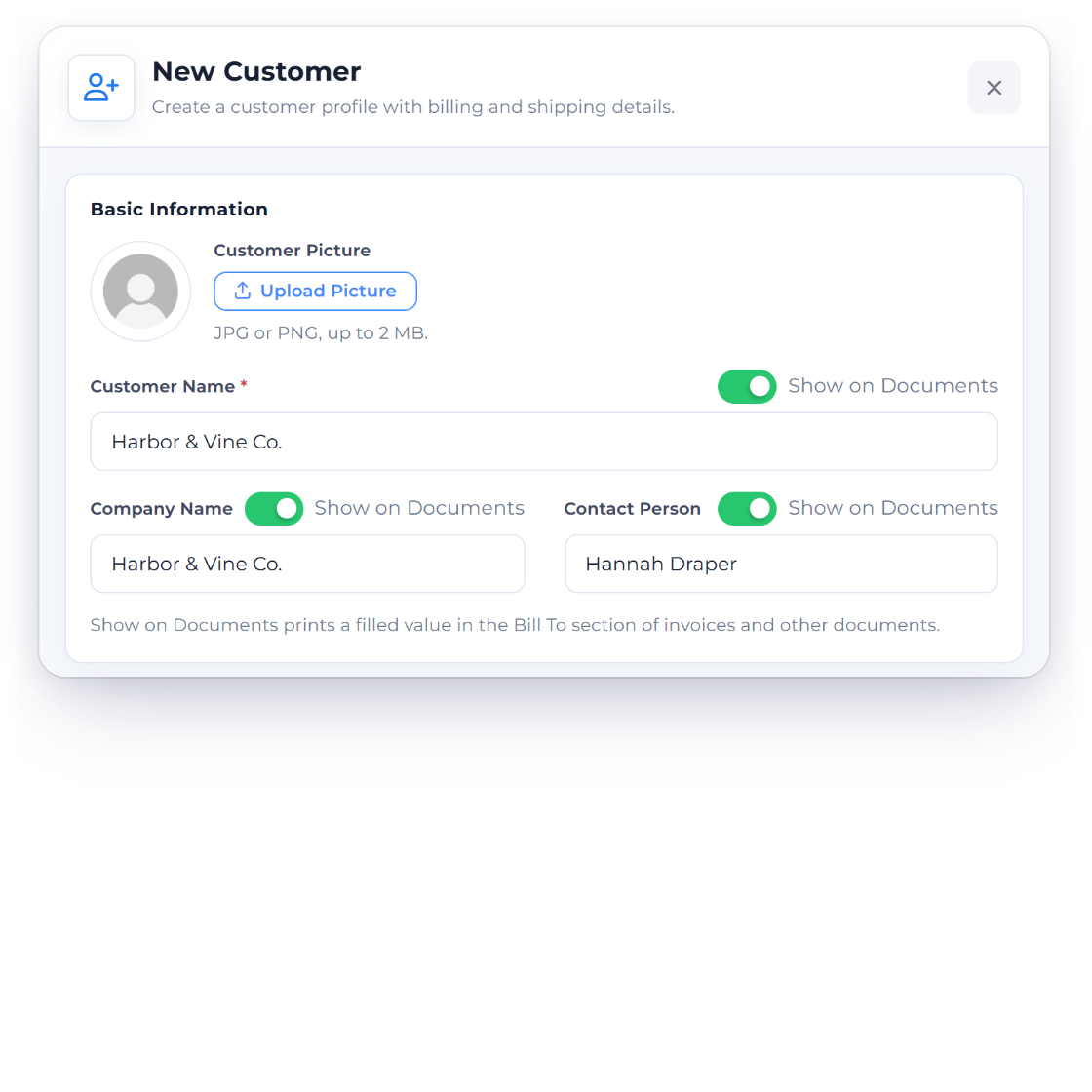 The Invoice Crowd New Customer drawer with Basic Information for Harbor & Vine Co.: Customer Name, Company Name and Contact Person, each with its own Show on Documents switch, and Contact Details with two additional emails, one on CC and one on BCC