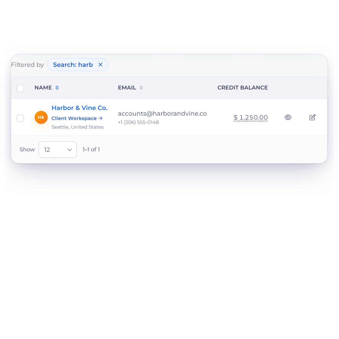 The Invoice Crowd customers list narrowed to Harbor & Vine Co. by a search for harb, the Outstanding Credit tile filtering the list to the four customers with credit, and the Filter panel with Status set to Active Customers or Archived Customers