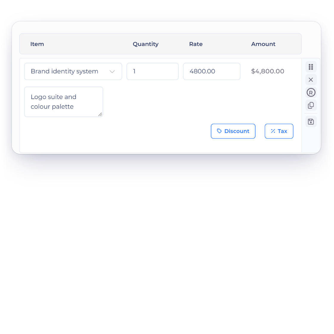 Invoice Crowd line item with a 10% discount and a saved sales tax rate applied, next to the tax picker with saved rates and a GST tax group